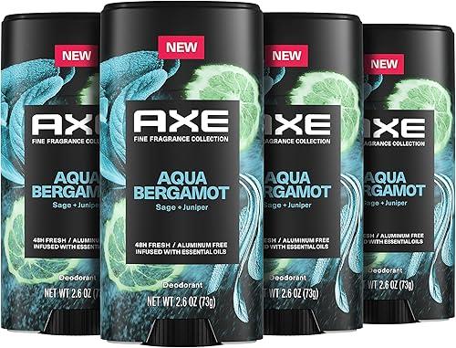 AXE Fine Fragrance Collection Deodorant Stick Aqua Bergamot 4 count 48H Odor Protection Infused with Bergamot, Sage and Juniper Essential Oils 2.6 oz