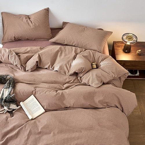 EAVD Vintage Style Pink Plaid Gingham Duvet Cover King 100% Washed Cotton Like Linen Feel Black&Green Grid Bedding Set with 2 Pillowcases Modern Grid Plaid Duvet Cover with Zipper Closure