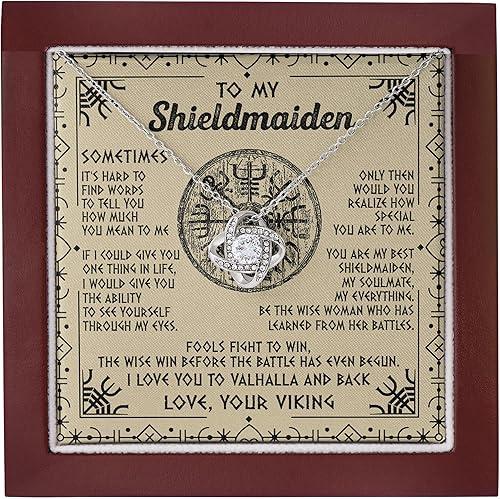 Yametee Personalized To My Shieldmaiden Necklace I Love You to Valhalla and Back Viking Jewelry For Women Birthday Wife Girlfriend Anniversary Customized Message Card