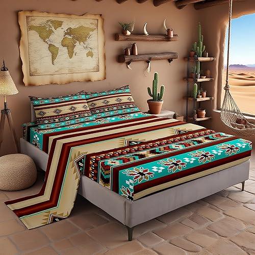 Manfei Aztec Geometric Bed Sheets King Size,Southwest Tribal Ethnic Boho Bedding Set, Rustic Farmhouse Bohemian Kids Room Decor,Teal Red Brown Sheet(Fitted+Flat+2 Pillowcases)