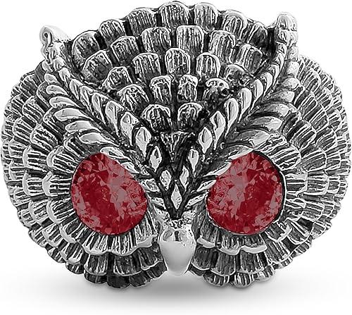 AZAGGI 925 Sterling Silver Bohemian Owl Red Ruby Stone Eyes Night Bird Nocturnal Animal Symbol of Wisdom Mens Ring