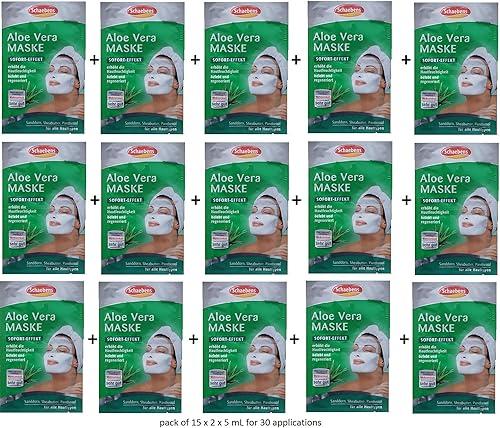 Schaebens Aloe Vera MASK - INSTANT EFFECT - with Sea Buckthorn, Shea Butter and Panthenol - for 30 Applications (Pack of 15 x 2 units. 5 ml per unit)- for all skin types