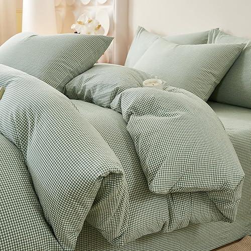 EAVD Sage Green Gingham Duvet Cover Full Soft 100% Washed Cotton Modern Green and White Plaid Duvet Cover with 2 Pillowcases Reversible Checkered Plaid Bedding Set with Zipper Closure