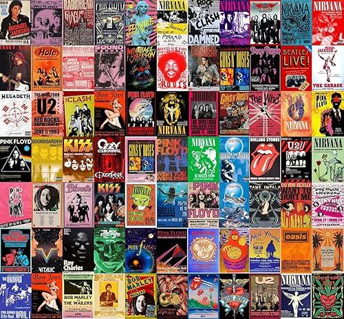 Vintage Rock Band Posters, 70s 80s 90s Retro Concert Prints, Bedroom Wall Art, Album Cover Collage, 4x6 Inch, Set of 60