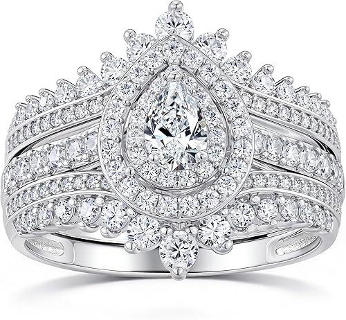 Newshe Jewellery Cubic Zirconia Wedding Ring Sets for Women Engagement Rings Bridal Band Enhancer Set Pear Travel Anniversary Size