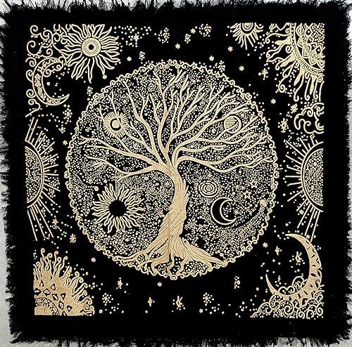 Tree of Life Altar Cloth Tapestry Tree of Life Tablecloth Ritual Spiritual Cloth for Sacred Places, Cotton Square Tarot Table Cover Tarot Witchery Supplies Golden Celestial Dry Tree 18x18 inches