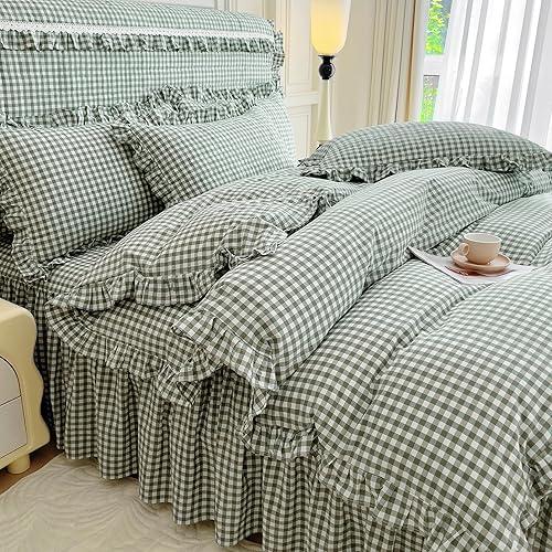 MKXI Sage Green & White Gingham Ruffle Comforter Set Twin, 3-Piece Lightweight Breathable Washed Cotton Farmhouse Bedding with Delicate Ruffle for Teen Girl Boho Bedroom