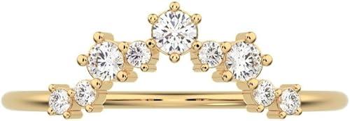 0.16 ctw Round Cut Diamond Dainty Minimalist Cluster Crown Stackable Tiara Curved Solid 14K Yellow Gold Womens Everyday Wedding Band Ring