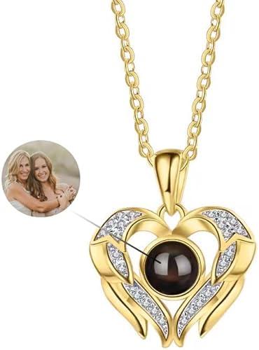 Personalized Photo Projection Necklace for Women 10K/14K/18K Gold Heart Shape Photo Necklace with Picture Inside Jewelry Memorial Gifts for Mom Lover