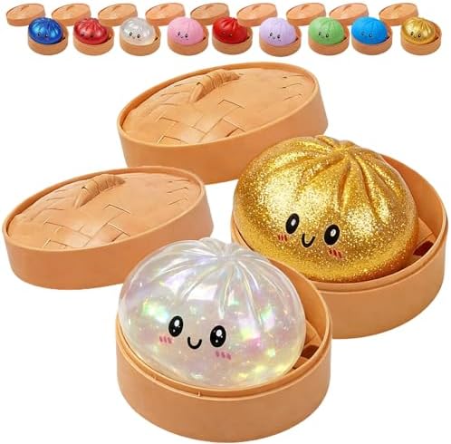 Dumpling Squishy, Glitter Dumpling, Colorful Squishy Dumplings with Box, Soft Squeeze Toy for Stress Relief (White+Gold)