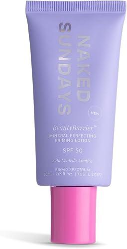 Naked Sundays SPF 50 Mineral Sunscreen for Sensitive Skin — BeautyBarrier Priming Lotion with Zinc Oxide & Cica, Fragrance-Free, Sheer Finish, Broad Spectrum UVA/UVB, 50ml
