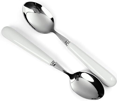 20cm 8inch Fine Dinner Spoon with Round Edge Quality 18-10 Stainless Steel White Ceramic Handle,Soup Spoons Mirror Polishing Cutlery, Main Meal Spoon sus304 Table Spoons (2 Pcs)