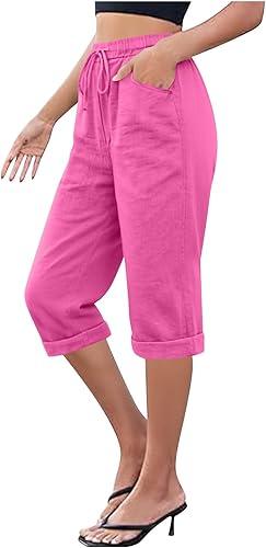 Summer Pedal Pushers for Women with Roll Hem High Elastic Drawstring Capris Pants Side Pocket Athletic Trousers