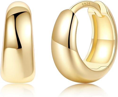 Silvora 14K Gold Plated Chunky Hoop Earrings for Women, Small Thick Huggie Hoops with 925 Sterling Silver Post, Hypoallergenic Lightweight Hoop Earrings, 8/10/12/14mm