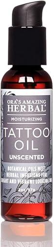 Ora's Amazing Herbal Unscented Tattoo Oil, Fragrance Free Moisturizer For Tattoos, Heal New & Brighten Old, Soothe Itch, Moisturize, Men Women, Natural Tattoo Aftercare, (2 oz)