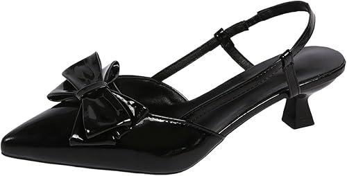 Women's Patent Leather Kitten Heels Closed Pointed Toe Slingback Low Heeled Sandals with Bow Knot Elegant Wedding Party Dress Shoes