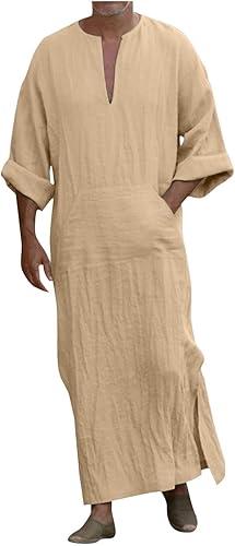 Mens Kaftan Thobe Short Sleeve V-Neck Linen Robe Big and Tall Muslim Robe Loose Lightweight Casual Long Sleeping Gown