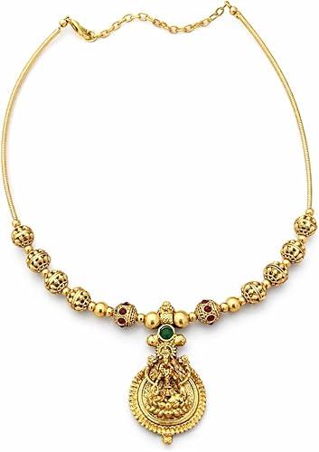 Temple Jewelry Necklace Set for Women – Gold Plated Goddess Lakshmi Design Statement Necklace with Matching Earrings, Green & Red Stones, Traditional Indian Bridal Wedding Jewelry (PA-Hasli-109-)