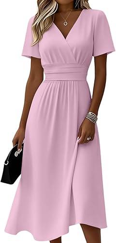 Short Sleeve Midi Dresses for Women Spring Summer Plus Size V Neck Flowy A Line Dress Elegant Formal Ruched Dress