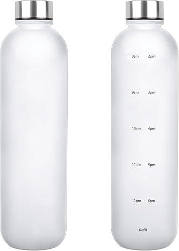 34oz/1000ml Motivational sports water bottle; water bottle with drinking time mark; leak-proof sports water bottle; BPA-free plastic bottle; with shoulder strap (Matte White)