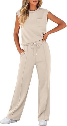 Women Two Piece Set Casual Sleeveless Top And Wide Leg Pants Drawstring Waist Loungewear Outfit With Pocket