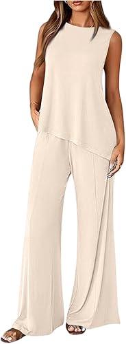 Sleeveless Wide Leg Pants Two Piece Set For Women Asymmetric Hem Top And Loose Fit Long Pants Casual Outfit