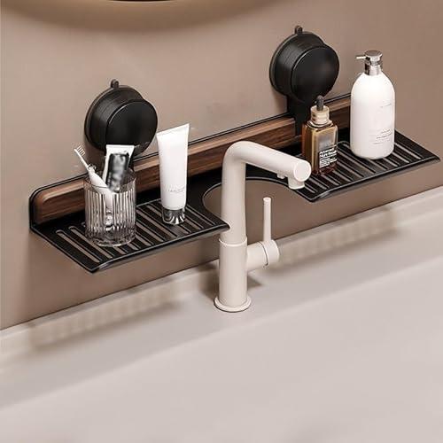 Walnut Suction Cup Bathroom Shelf, Wall Mounted No Drill Storage Shelf Basket Accessories for Bathroom & Kitchen, Modern Style, 1 Shelf, Black, 50cm