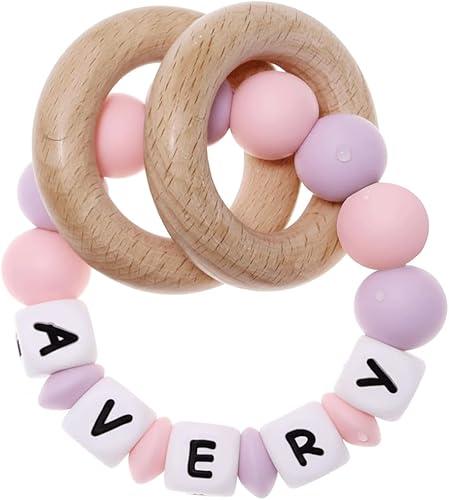 Munchewy Presonalized Teether Baby Rattle with Name, Customizable Silicone Sensory Rattle with Natural Organic Beech Wood Rings for Girls Baby Shower Toys - LightPink/Lightpurple
