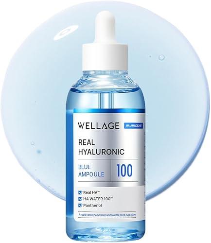 WELLAGE Real Hyaluronic Blue Ampoule 100, Korean Hydrating Serum for Face, Fragrance Free Hyaluronic Acid Deep Moisturizing Serum with Panthenol, PDRN for Sensitive Dry Skin Moisturizer, 2.54 Fl Oz_R