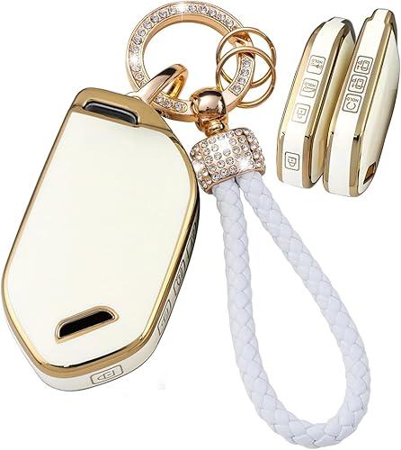 Key Fob Cover with Bling Keychain 7 Buttons Fit for Kia Telluride EV9 Picanto GT Line Sorento Sportage Carnival KX3 TPU Smart Key Shell Case Key Protection Cover Key Ring case -White