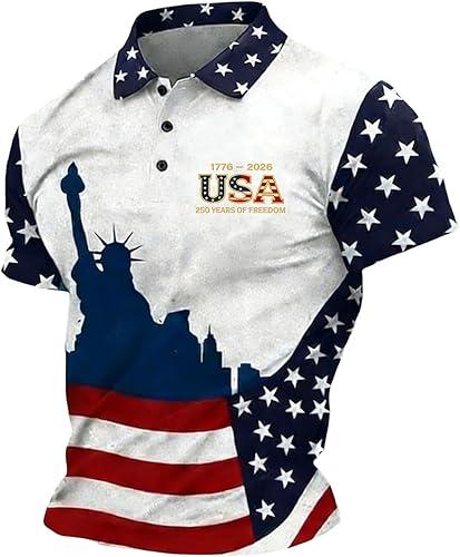 Men's Polo Shirts Short Sleeve 250 Anniversary USA Flag Shirt Business Casual Button Up Lapel Tshirts, S-5XL