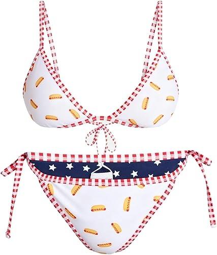 Women Patriotic Bikini Set 2 Piece Hot Dog Print Bathing Suit Top Tie Side Bottom Swimsuit for 4th of July Beach Party