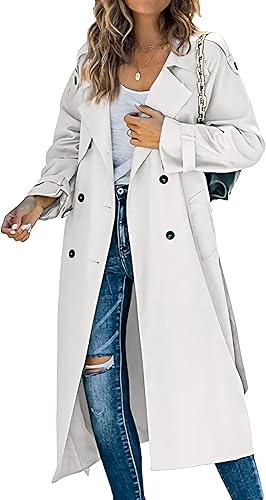 Women's Windproof Trench Coat Notched Lapel Double Breasted Long Overcoat Casual Fall Winter Windbreaker Outerwear