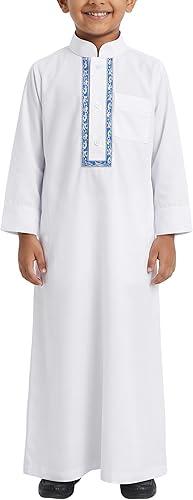 OBEEII Boy's Muslim Arab Solid Color Thobe Long Sleeve Kaftan Embroidered Robe Islamic Arabic Abaya Thobe