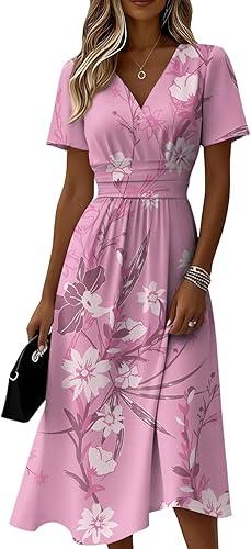 Womens Summer Spring Short Sleeve Midi Dress Plus Size Flowy Casual Vneck Ruched Elegant Formal Floral A Line Dress