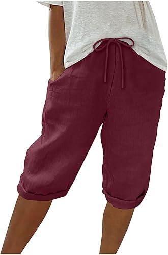Women Cotton Linen Shorts Summer Knee Length Shorts High Waisted Bermuda Beach Capris Lounge Short Pant with Pocket
