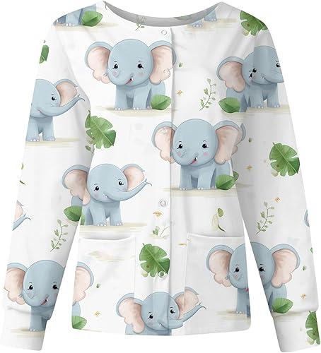 Long Sleeve Scrub Tops Women Animal Print Scrub Jacket Plus Size Snap Front Pattern Nurse Uniform with Pockets