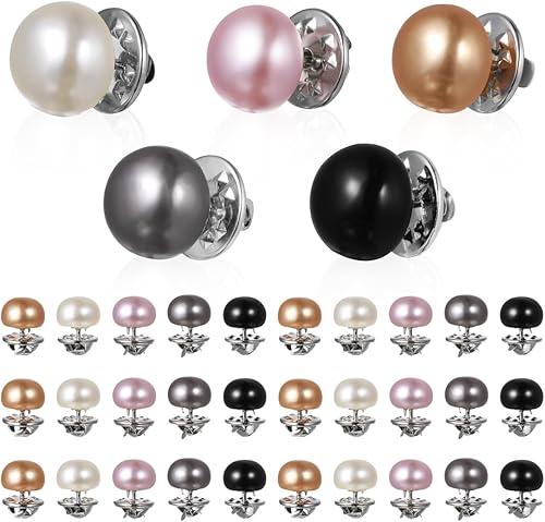 PATKAW 25PCS Pearl Buttons for Clothes, No Sew Brooch Pins Decorative Metal Safety Button Pin Removable Clips Secure Fasteners for Women Shirt Blouse Dress Sweater Wedding DIY Crafting Accessories