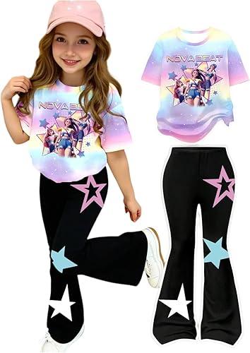 Kpop Girls 2PCS Anime Print Outfit Short Sleeve T-Shirt Flare Pants Set for Casual Wear Kpop Fans Gift