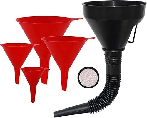 Plastic Oil Funnels for Automotive Use Set of 5, Large Flexible Fuel Funnel with Long Hose for Gas Transfer, Gasoline Funnels for Cars Boat Canning and Bottle