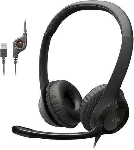 Logitech H390 Wired Headset for PC/Laptop, Stereo Headphones with Noise Cancelling Microphone, USB-A, in-Line Controls, Works with Chromebook - Black