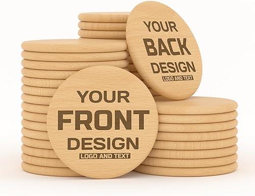 30–1000 Custom Wooden Tokens, Personalized Laser Engraved Wood Chips with Logo or Text, Double-Sided Engraving, 1.5 Inch Drink & Bar Tokens for Weddings, Parties, Corporate Promotions
