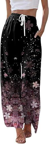 Linen Pants for Women Vintage Floral Palazzo Crop Pants Wide Leg Lounge Baggy Drawstring Waist Trousers