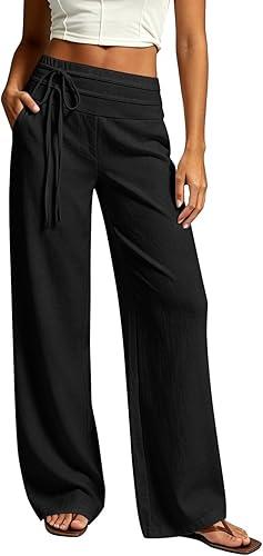 Wide Leg Linen Pants for Women Loose Flowy Palazzo Drawstring Elastic Waist Trousers Summer Beach Vacation Clothes
