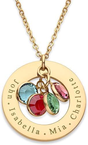 Birthstone Necklace for Mom, Personalized Necklace with Kids Names, Custom Family Jewelry for Wife, Grandma, Women, 1 2 3 4 5 Grandkids, Mother's Day & Birthday Gift, 18k Plated Gold, Rose, Silver