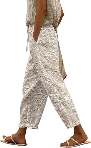 Womens Summer Boho Floral Print Linen Pants Drawstring Elastic Hight Waist Casual Loose Capri Pants with Pockets