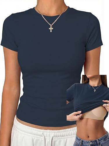 Danysu Nude Built in Bra Cotton Jersey T Shirt No See Through Stretchy Lightweight Fitted Everyday Basic Tops Gym Workout Tee