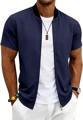 Mens Jackets Short Sleeve Zip up Stand Collar Baseball Varsity Bomber Coat Lightweight Athletic Sporty Outerwear Top