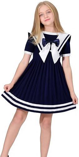 Girls Nautical Dress Lightweight Summer School Uniform Cloth Short Sleeve Casual Gowns Sailor Collar Preppy Outfit