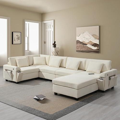 128 * 67" U Shaped Sectional Sofa,6 Seat Chenille Couch Set with Oversized Ottoman,Hidden Armrest Storage and Cup Holders,USB Charging Ports,Wide Seat Sofa for Living Room,Apartment